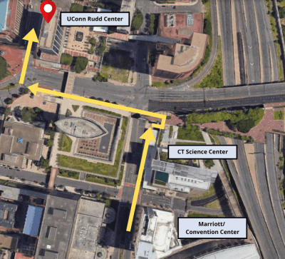 Map showing how to walk from the Hartford Convention Center to the UConn Rudd Center