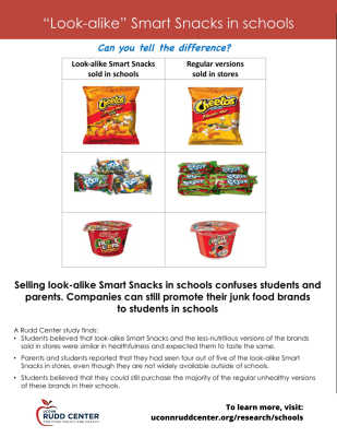 Infographic about "Look-alike" Smart Snacks in schools. The food industry creates "look-alike" versions of their popular snack foods like Cheetos, Froot Rollups, and Froot Loops to sell in schools. Students believe that look-alike Smart Snacks and the less nutritious versions sold in stores are similar in healthfulness and expect them to taste the same, proving that this food marketing in schools is deceptive and harmful.