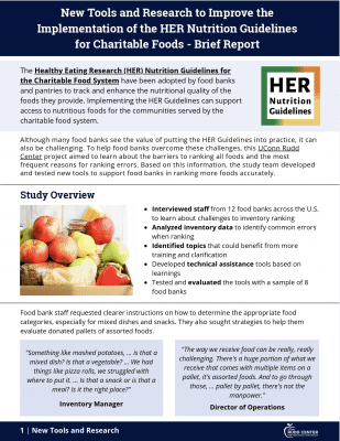 Cover page of "New Tools and Research to Improve the Implementation of the HER Nutrition Guidelines for Charitable Foods - Brief Report"