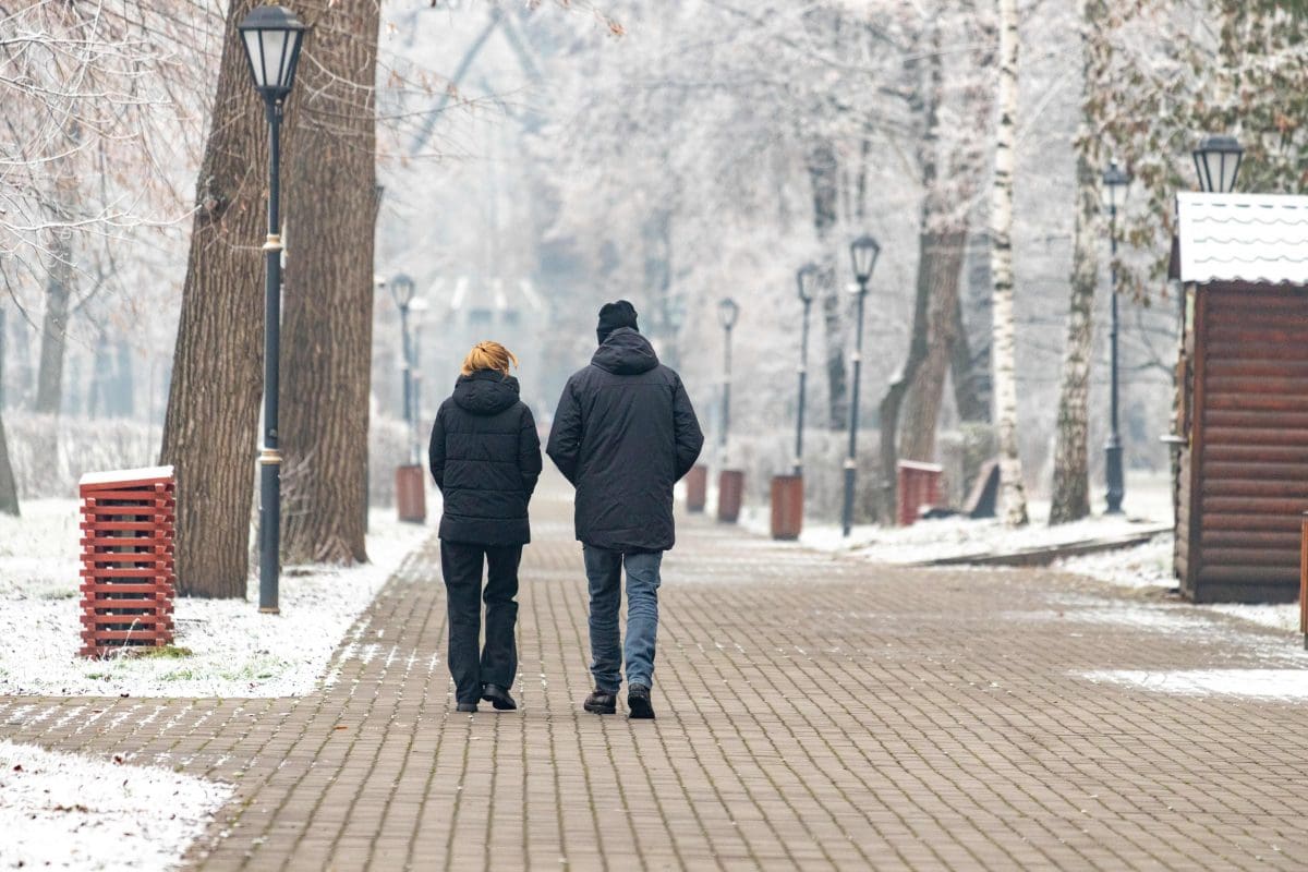 Elderly couple walking in a park on a snowy day