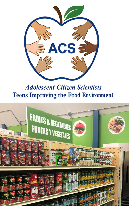 Two images aligned vertically. The first is the Adolescent Citizen Scientists logo. It features an apple, a variety of hands, and the words, "Teens Improving the Food Environment." The second image is a busy street featuring several fast food restaurants in close proximity.The second image shows a "Fruits and Vegetables" sign (written in both English and Spanish) at a food pantry.
